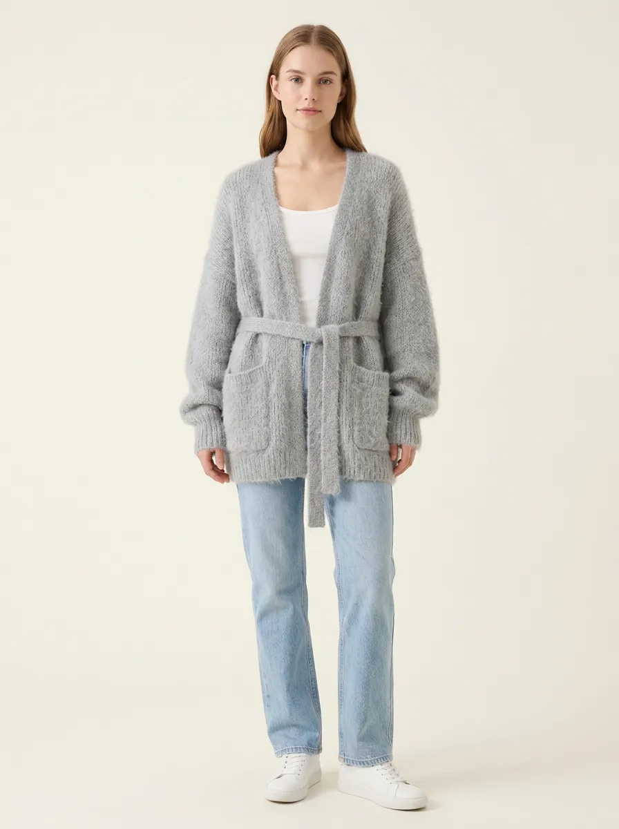 Women's Casual Grey Fuzzy Knit Belted Cardigan Sweater