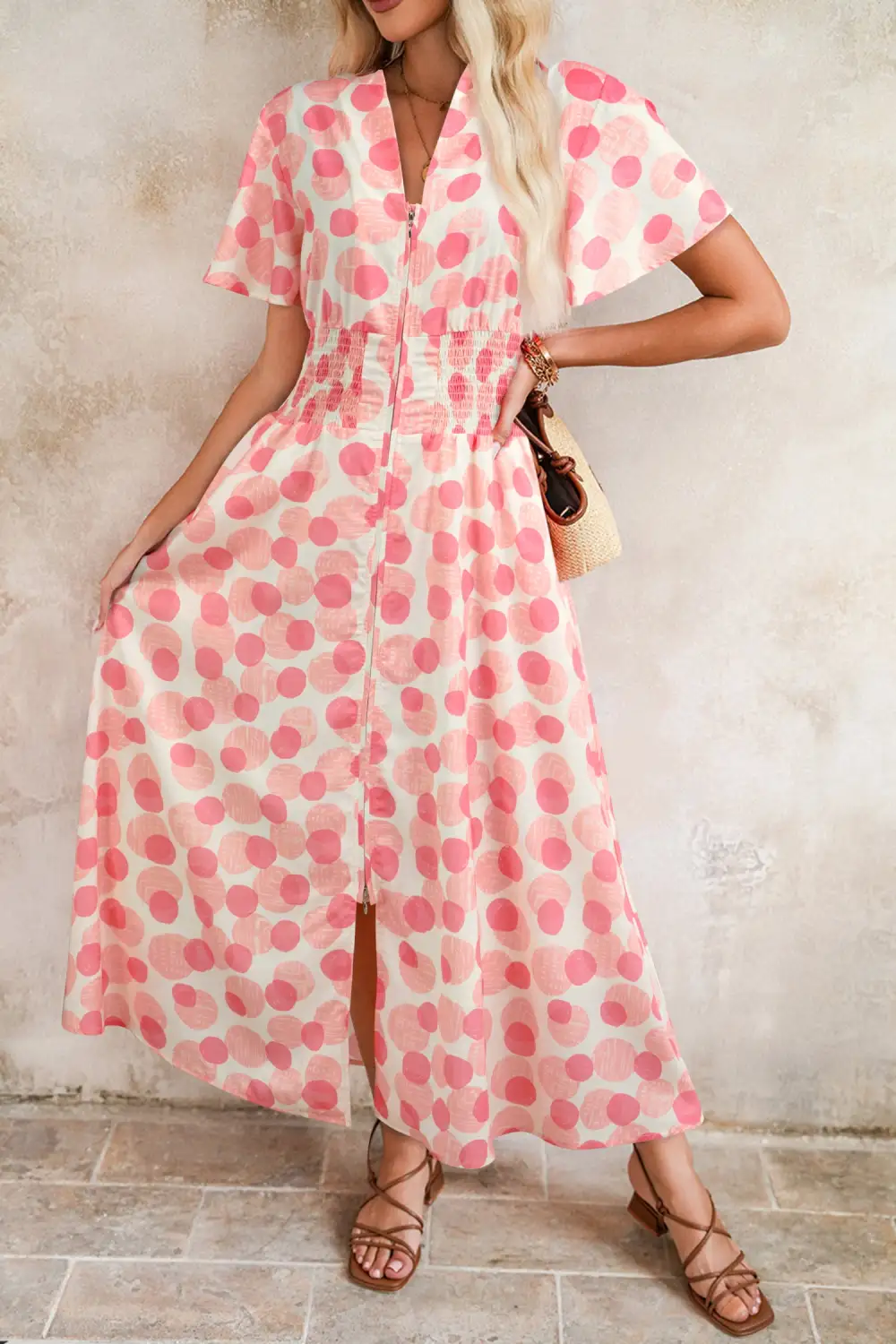 Polka Dot Printed Zip Front Dress Casual