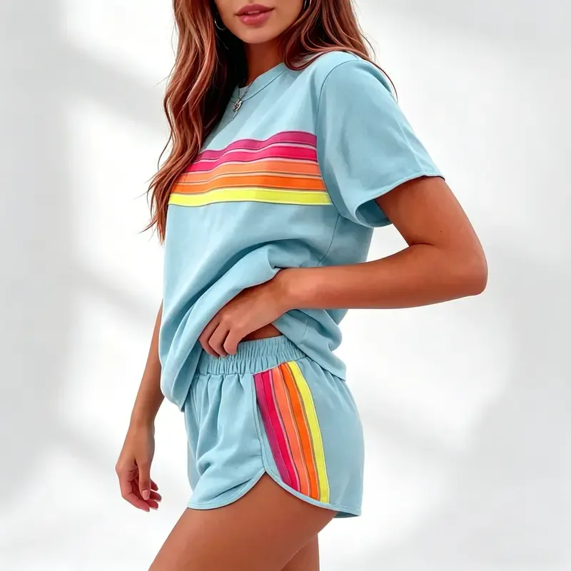 Women's two-piece rainbow striped outdoor sportswear set
