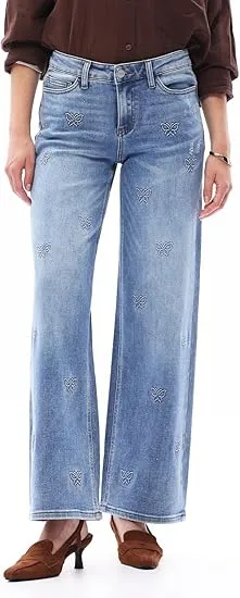 Mid-low Rise Baggy Jeans Stretchy Wide Leg for Women Distressed Pants
