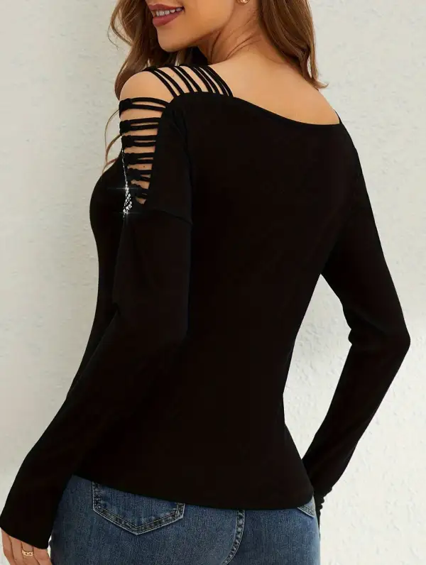 Rhinestone Openwork V Neck Tee