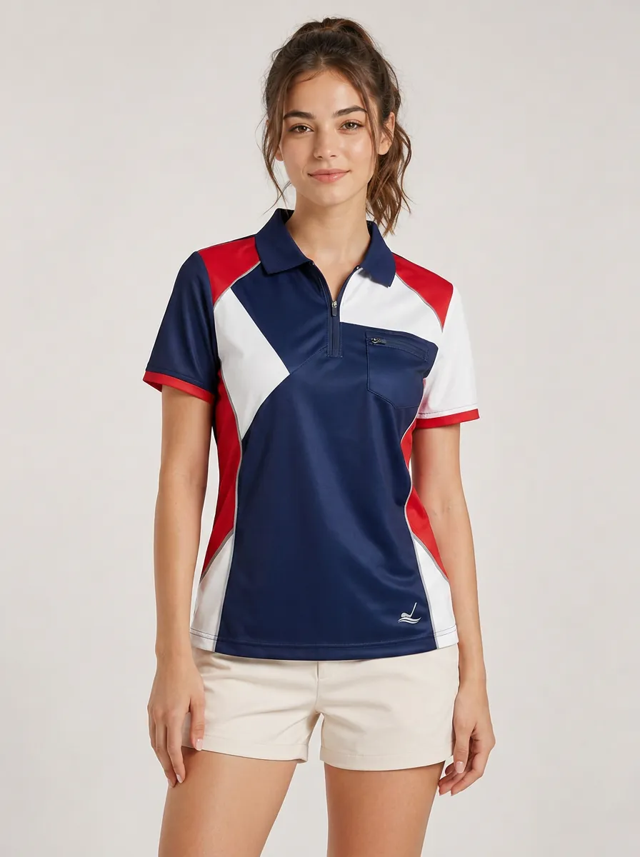 Women's Navy Color-Block Zip-Front Polo Shirt