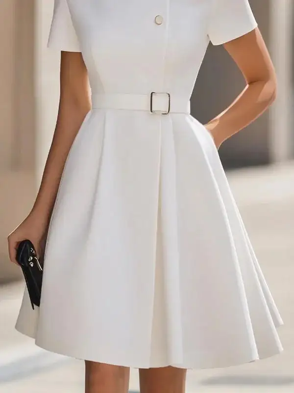 Belted Buttoned Solid Color Short Sleeve Stand Collar Mini Dress