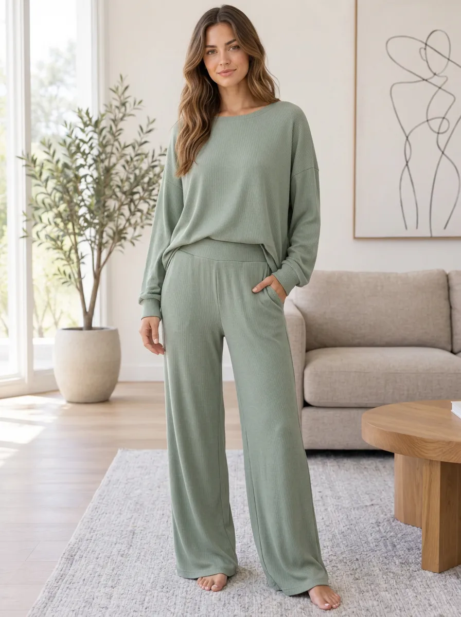 Women's Ribbed Knit Clean Line Lounge Wide Leg Pajama Set