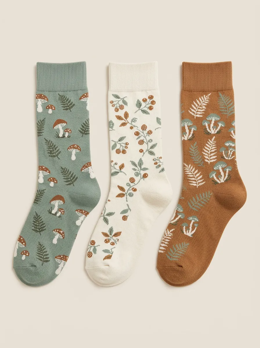 Relaxed Mushroom Fern Three Pair Sock Set