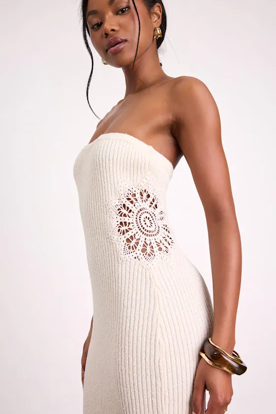 Brenna Ivory Strapless Sweater Knit Midi Dress