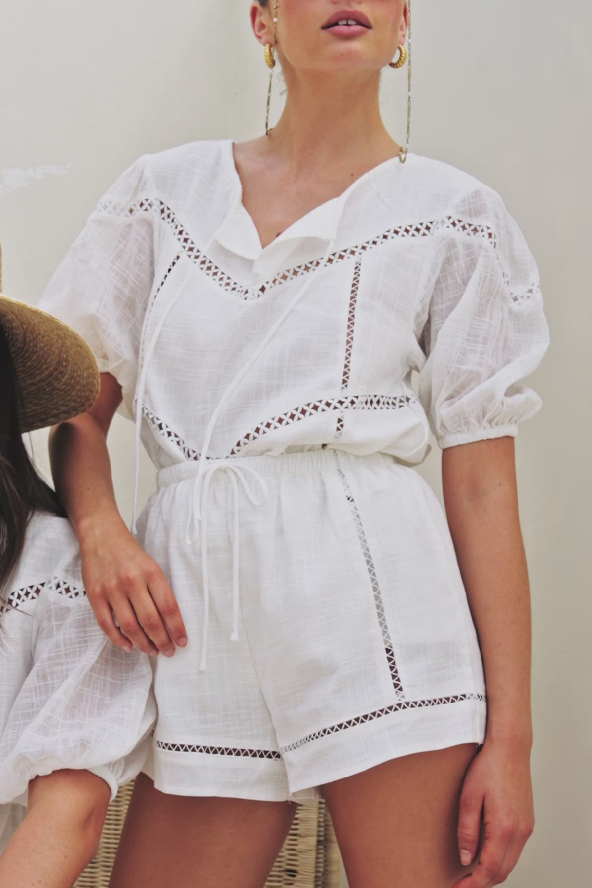 Eyelet Detailing Puff Sleeve Blouse