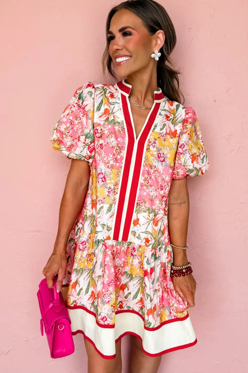 Floral Patchwork V Neck Mini Dress