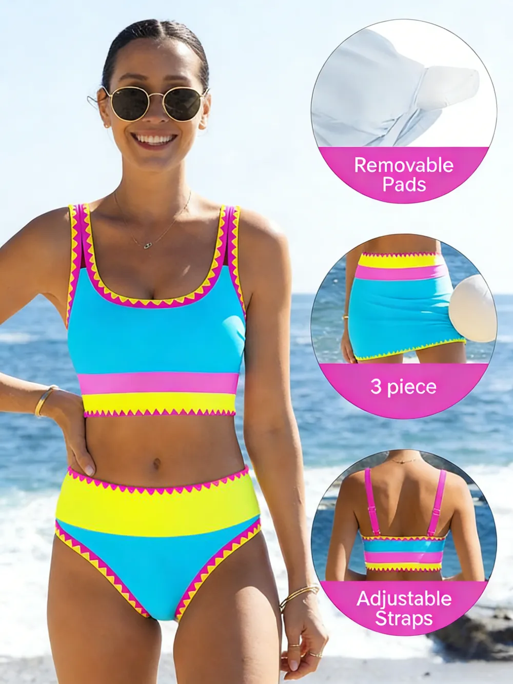 Patchwork Sports Three-Piece Bikini Set