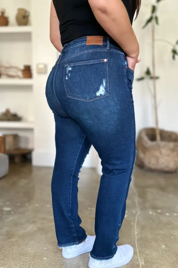 High-Waist Raw-Hem Distressed Washed Straight Leg Jeans