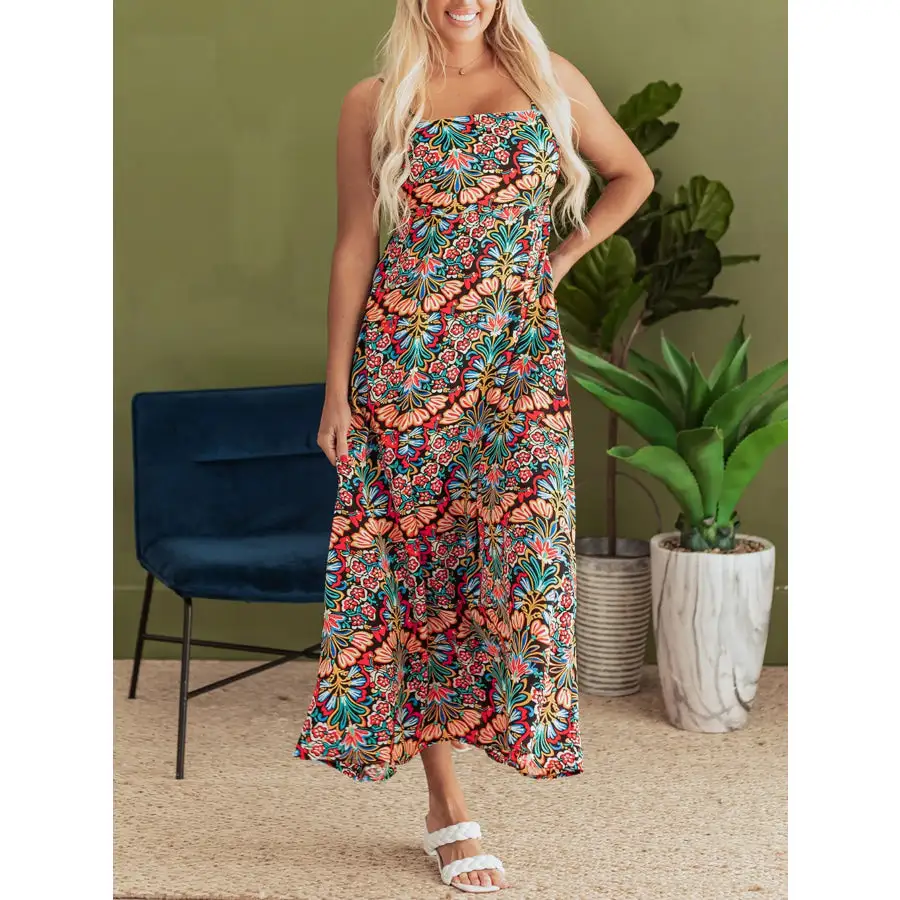 Floral Print Thin Straps High Waist Maxi Dress