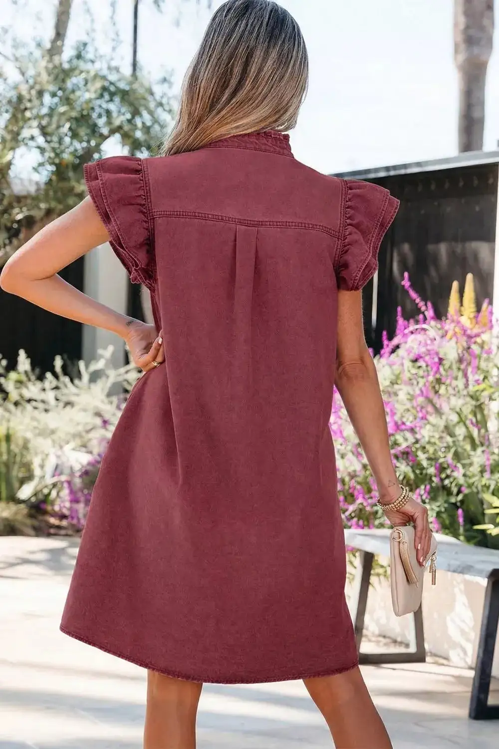 Denim Button Front Ruffle Mini Dress