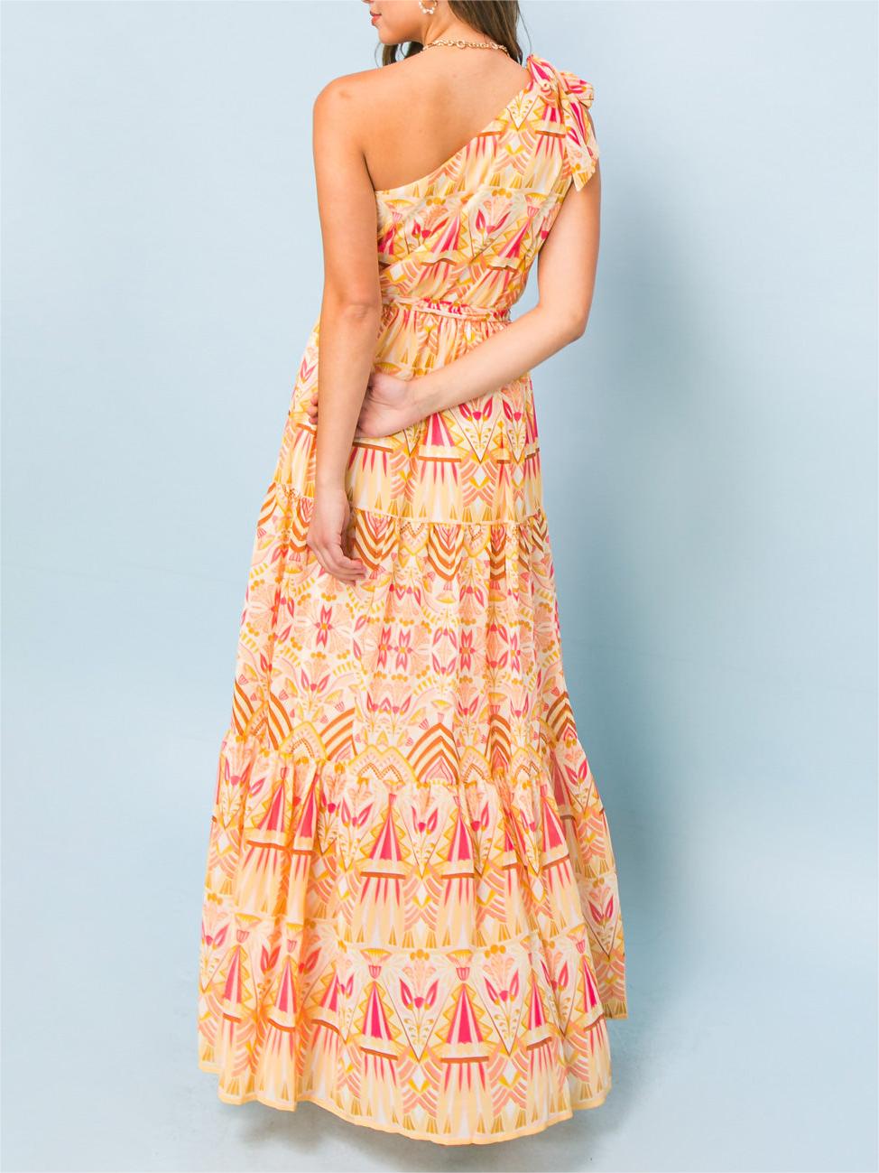 Peach - Colored One - Shoulder Maxi Dress