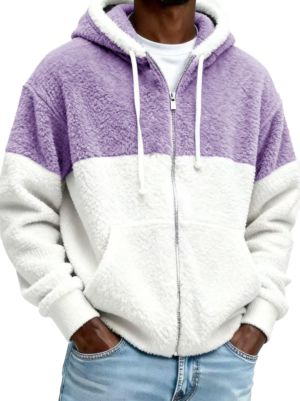 Men’s Stylish Casual Patchwork Plush Warm Long-sleeved Hooded Jacket