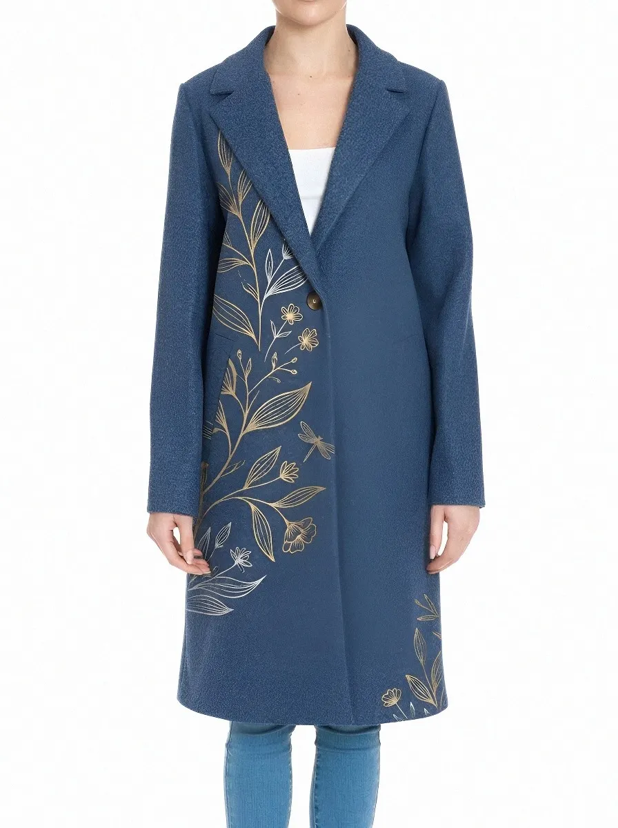 Women's Line Art Floral Nature Lover Gold Botanical Wool Coat
