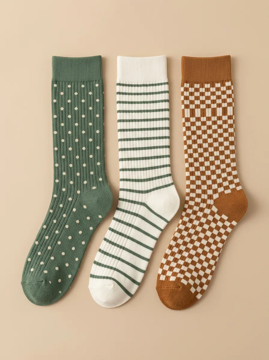 Playful Polka Dot Striped Checkerboard Three Pair Sock Set