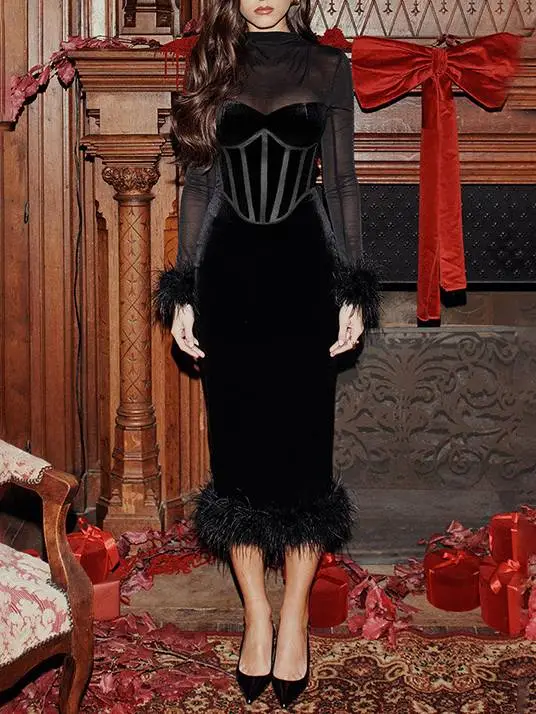 Mesh Patchwork Velvet Corset Midi Dress