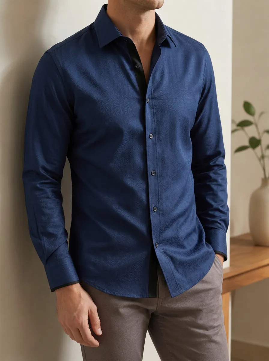 Men's Slim Fit Navy Blue Geometric Pattern Printed Shirt