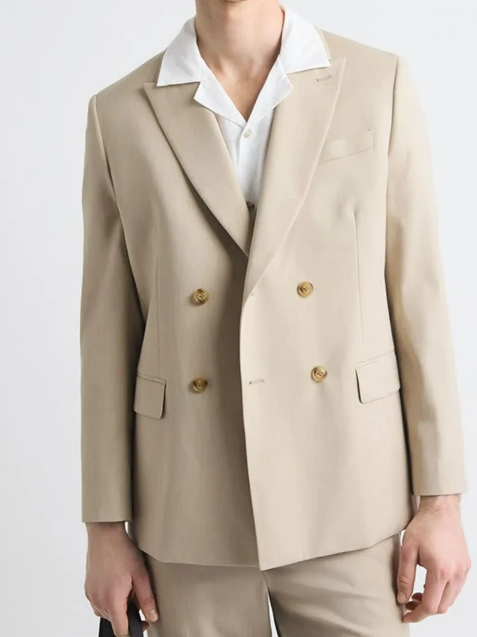 Beige Double Breasted Tailored Business Style Suit Blazer