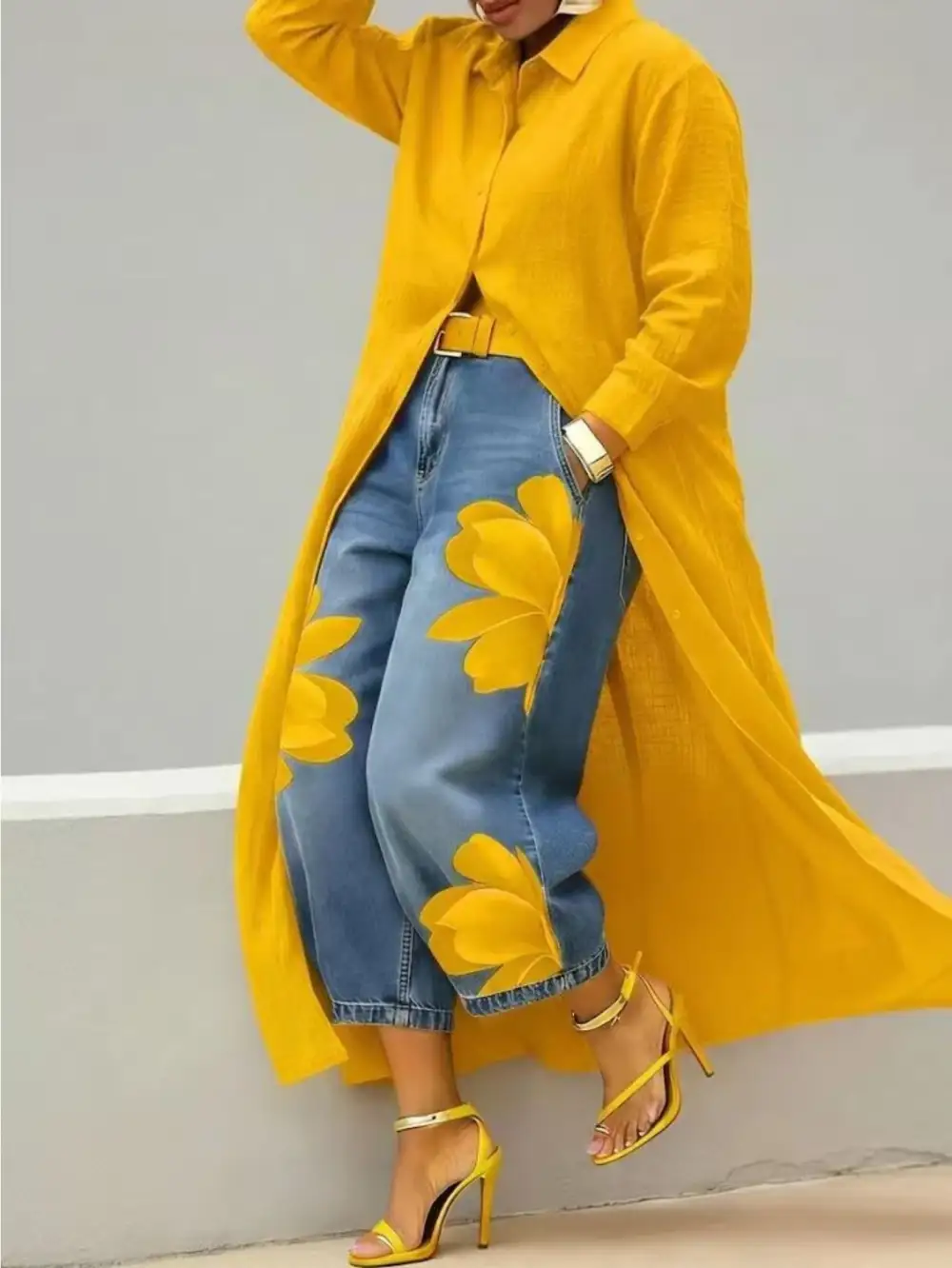 Relaxed Floral Print Wide-leg Cropped Jeans
