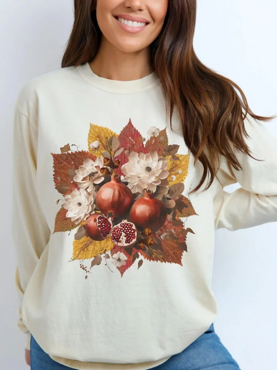 Pomegranate and Floral Long Sleeve T-Shirt