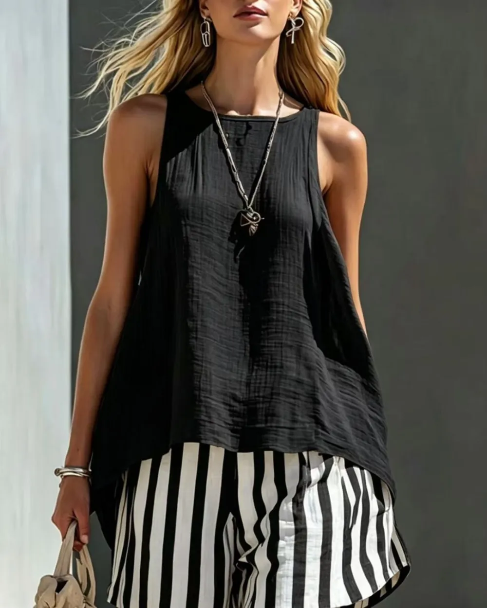 Flared Tank Top and Striped Shorts Set