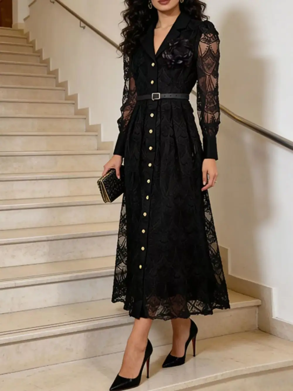 Soft Touch Lace Button Front Midi Dress