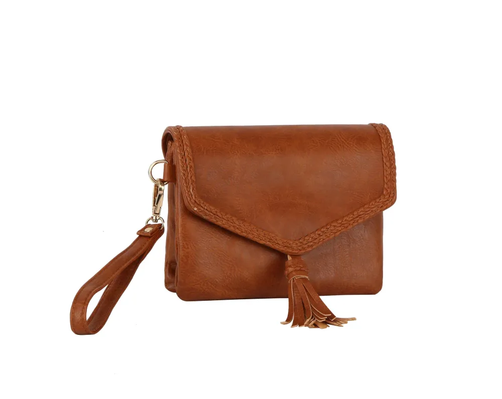 Tassel Accent Flap Front Faux Leather Wristlet Clutch Bag