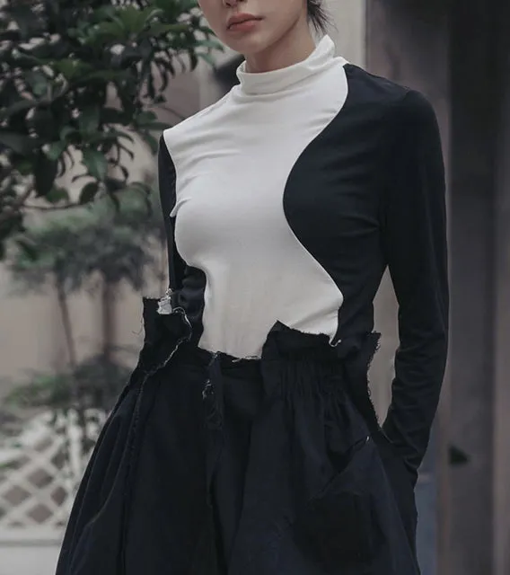 Urban Slim Fit Long Sleeve Contrast Asymmetric Panel Detail High Neck T-Shirt