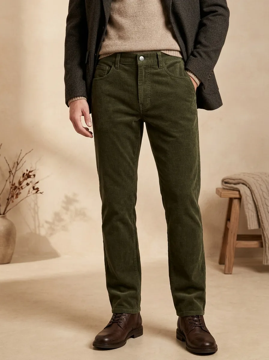 Men's Autumn Winter Button Fly Corduroy Casual Trousers