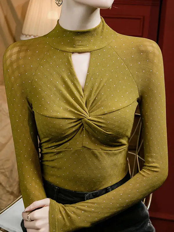 Long Sleeve Curve Fit Cutout Knot Polka Dot Rhine Stones Panel Detail Mock Neck T-Shirt