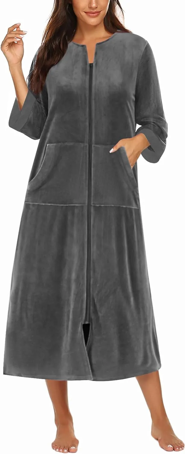 50% OFF Women Zipper Robe 3/4 Sleeves Loungewear Dress Full Length Sleepwear Pockets Housecoat Nightgown Long Bathrobe