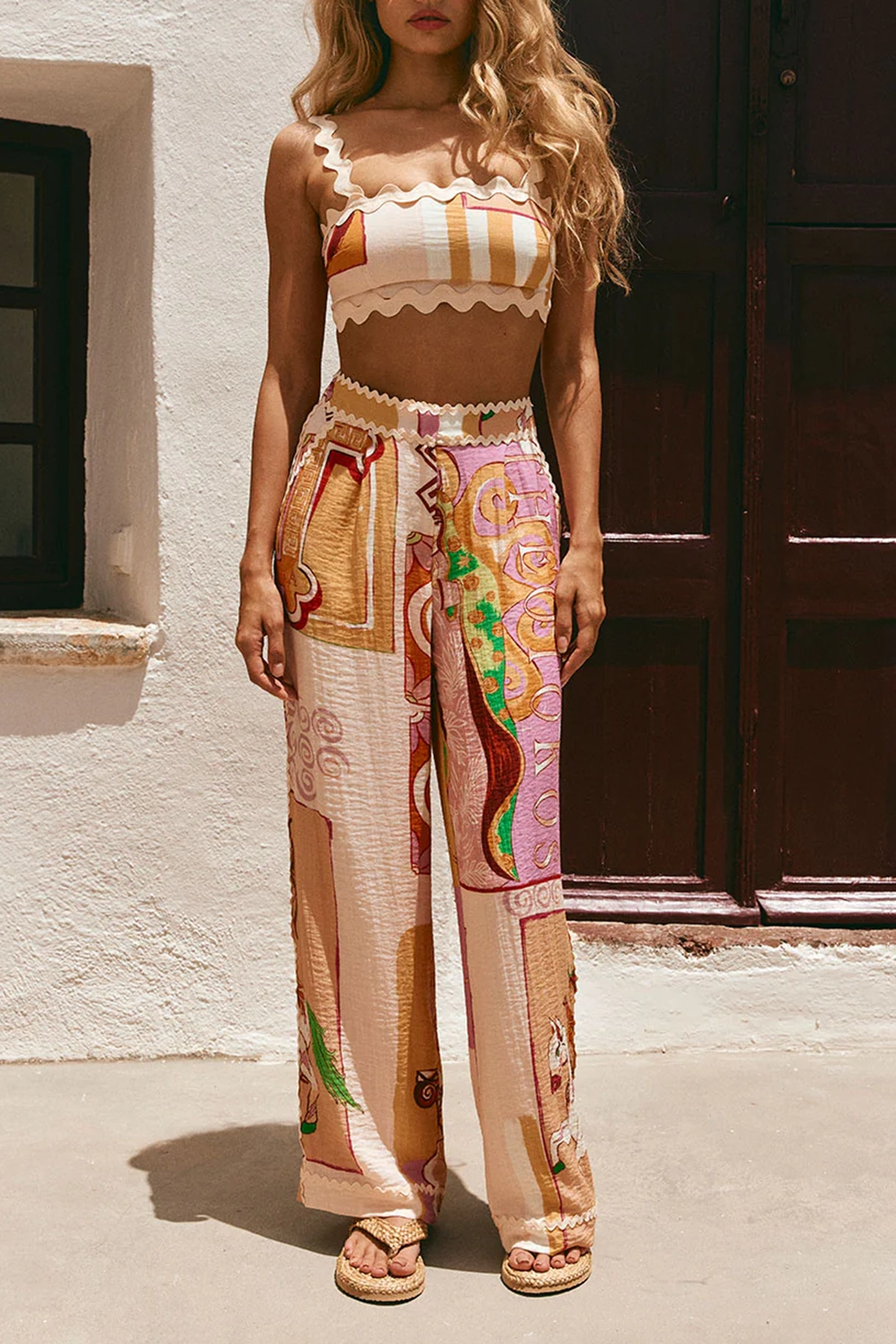 Patchwork Print Wide Leg Palazzo Pants