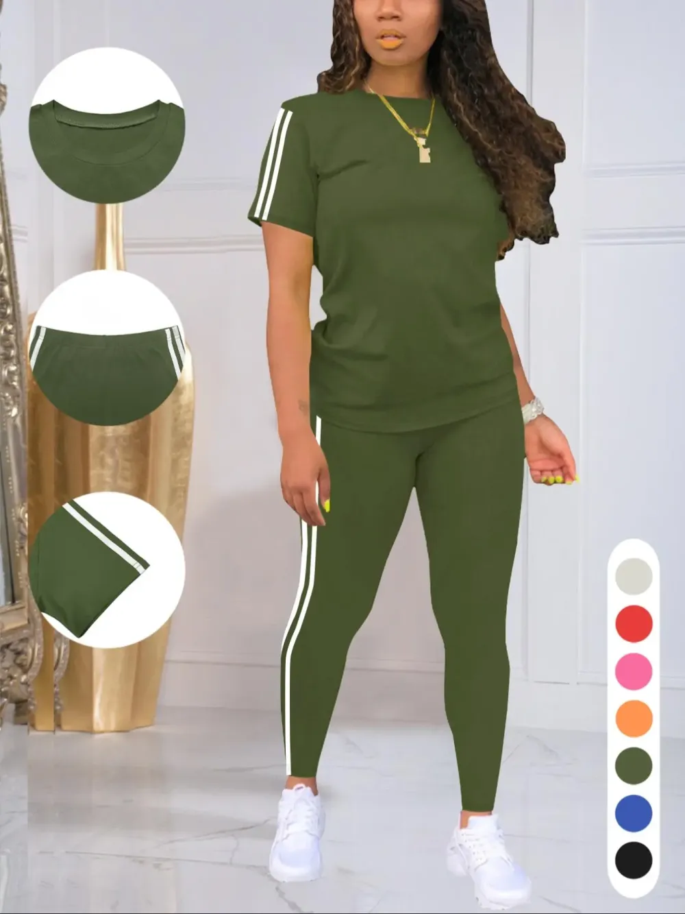 Women's Chic Side-Stripe Lounge Set – Casual Tee & Pants Two-Piece Outfit