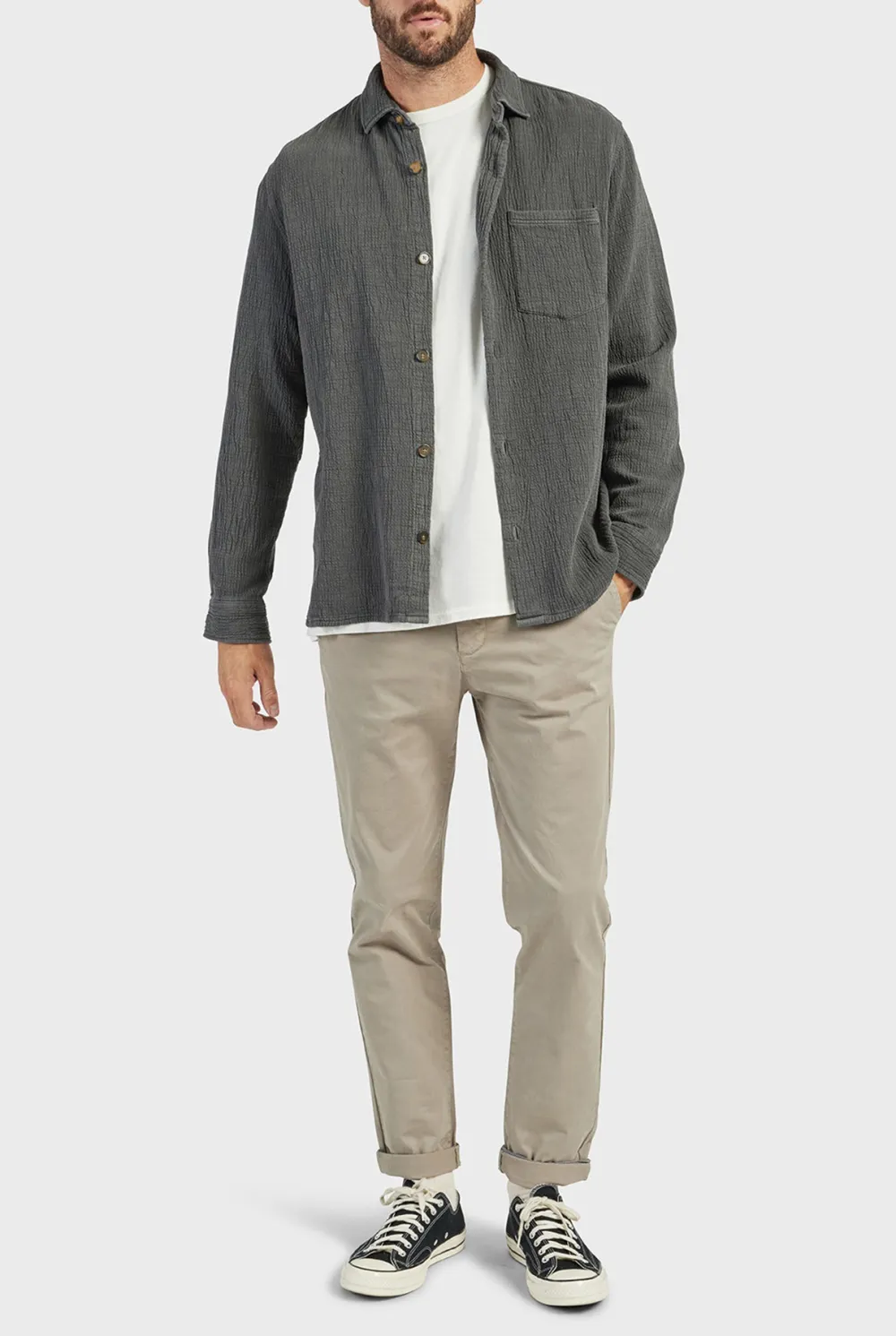 Gray Textured Button Down Overshirt