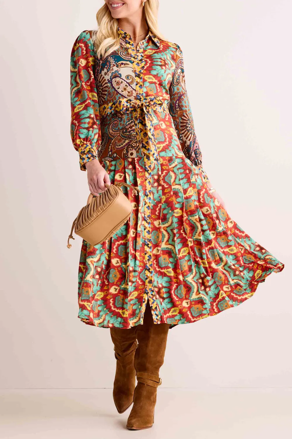 Multicolored Print Long Sleeve Flared Maxi Dress