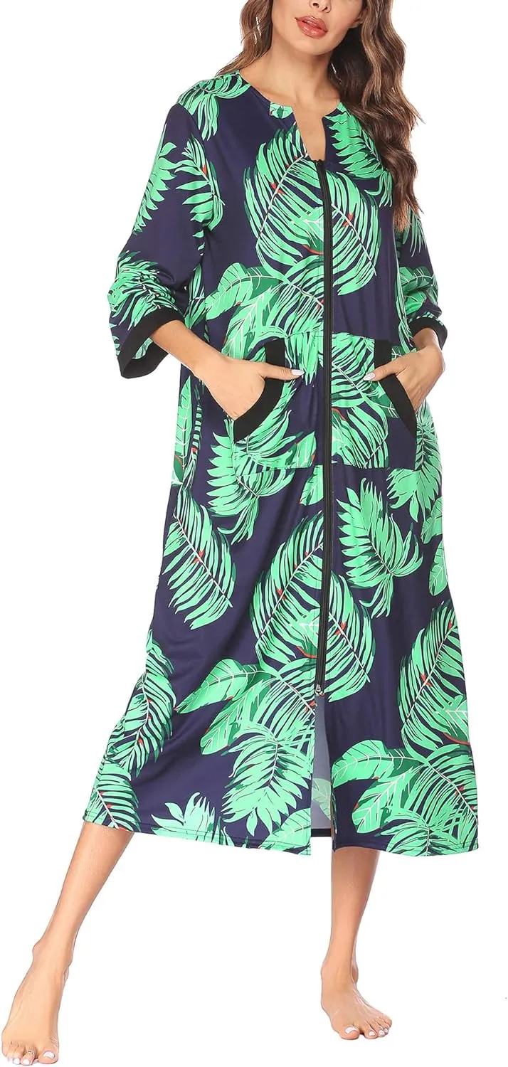 50% OFF Women Zipper Robe 3/4 Sleeves Loungewear Dress Full Length Sleepwear Pockets Housecoat Nightgown Long Bathrobe