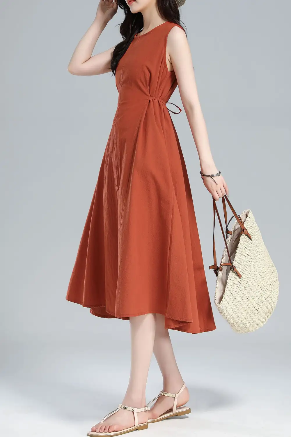 Refined Linen Cotton A Line Sleeveless Midi Dress