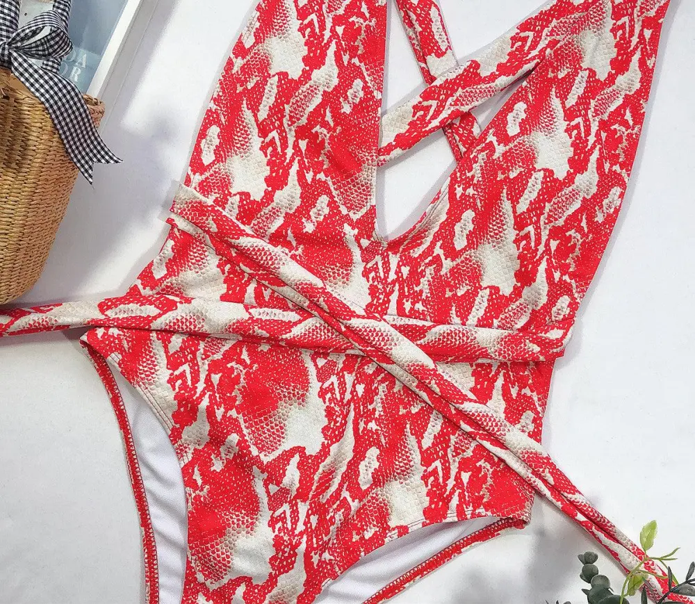 Halter Neck Deep V Tied One Swimsuit