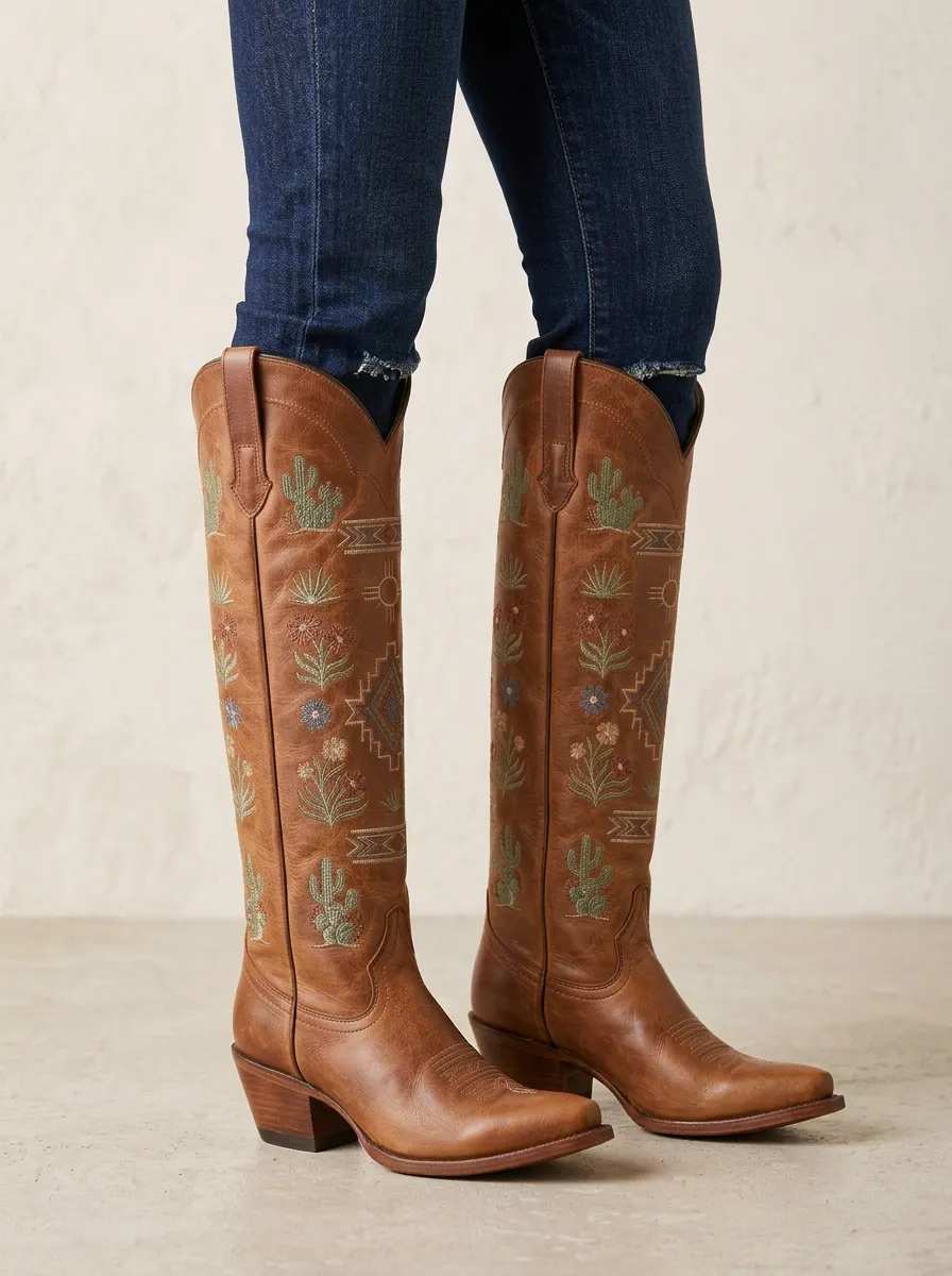 Women's Western Cactus Floral Geometric Embroidered Almond-Toe Block-Heel Denim Over-the-Knee Boots