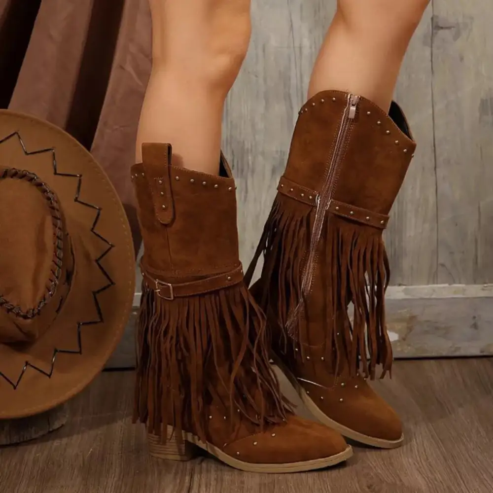 Refined Fringe Point Toe Block Heels Boots
