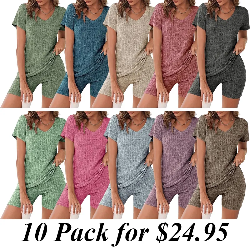 10PACK-Ribbed Pajama Short Sleeve Workout Set