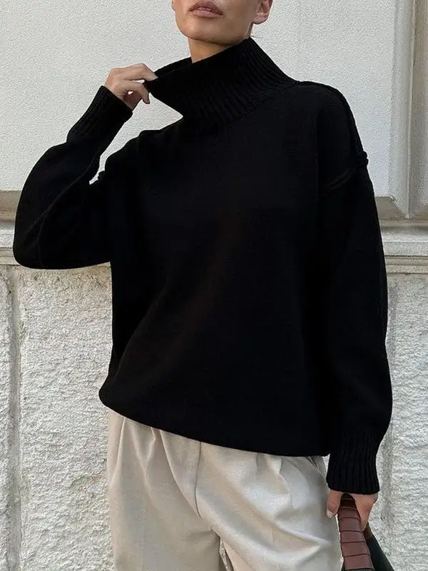 Paneled High Neck Long Sleeve Relaxed Fit Easy Fit Pullover Sweater