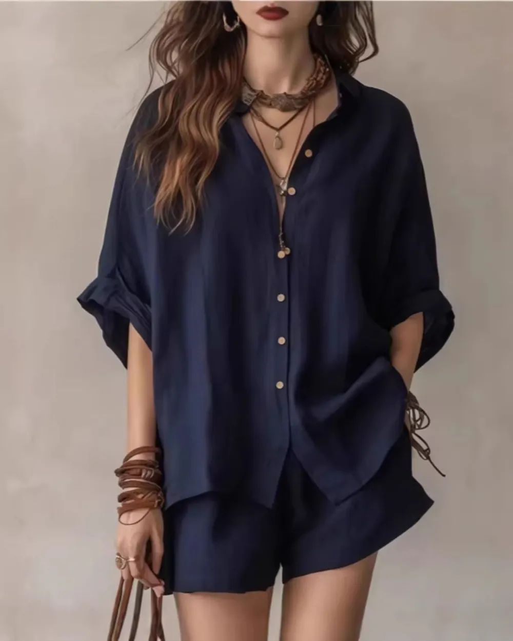 Button-Up Shirt and Wide-Leg Shorts Set