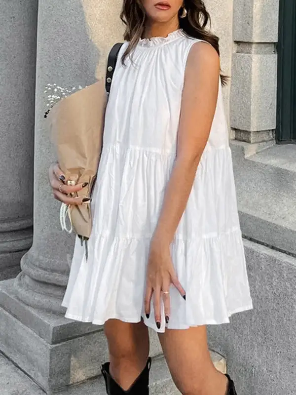 A Line Relaxed Pleated Ruffle Solid Color Split Joint Round Neck
