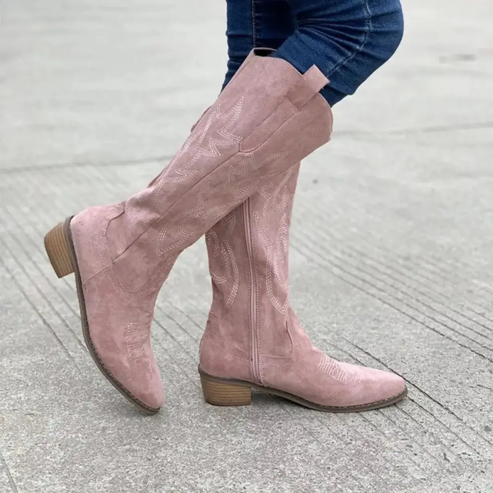 Smocked Point Toe Block Heels Boots