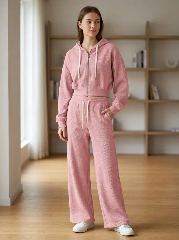Women's Minimalist Geometric Mountain Printed Waffle Knit Hoodie Jogger Set