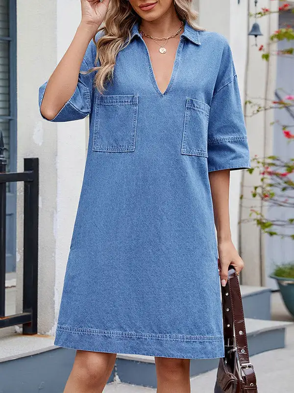 A Line Relaxed Pocket Solid Color Lapel Mini Dress