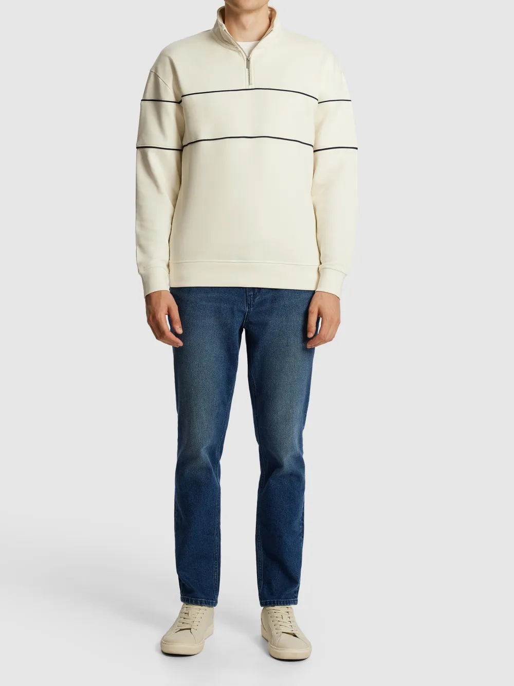 Off White Quarter Zip Striped Sweatshirt