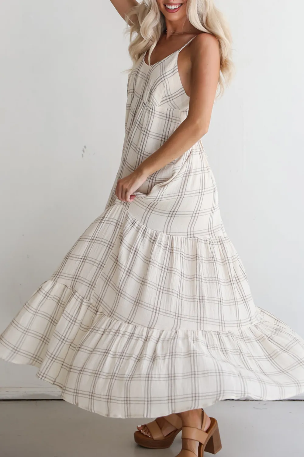Grey Plaid Linen Maxi Dress